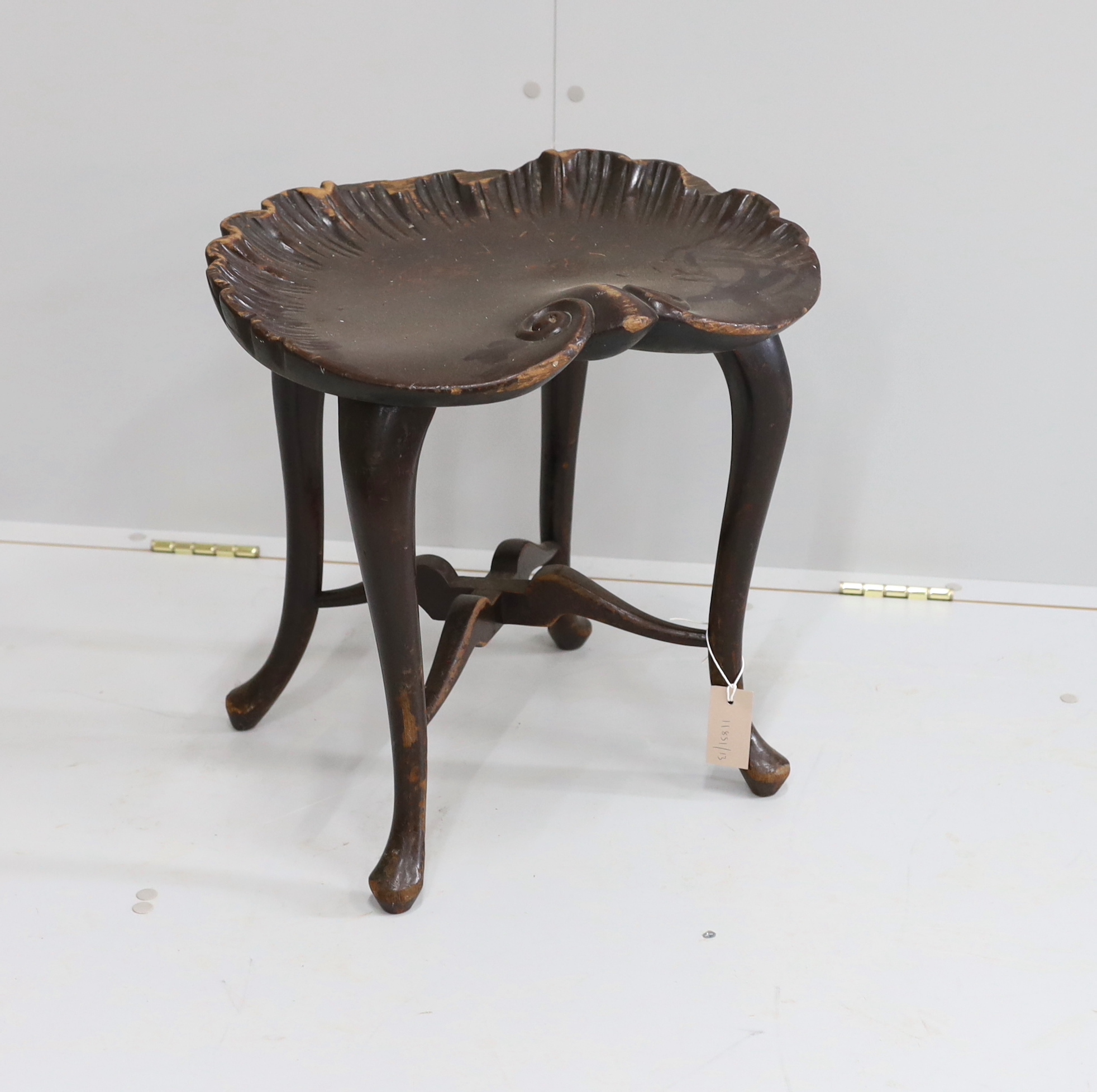 A Victorian style harpist's stool with scalloped shell seat, width 46cm, height 44cm